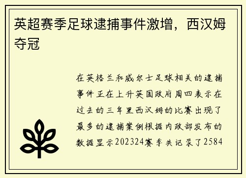 英超赛季足球逮捕事件激增，西汉姆夺冠