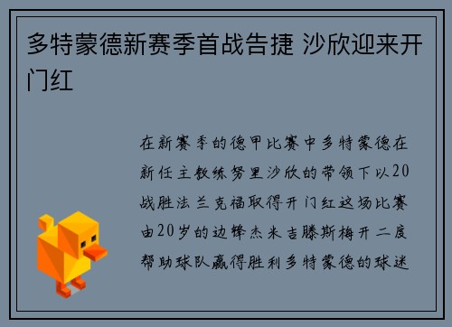 多特蒙德新赛季首战告捷 沙欣迎来开门红